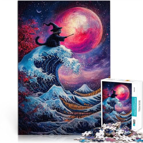 Teenager-Puzzles 1000 Teile Wizard Cat und die große Welle lustige Spiele für die ganze Familie Lernspiel für Geburtstag, Weihnachten 26x38cm von BKDNNUJR