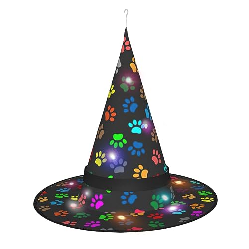 BKDODKS Bunter Hundepfotenabdruck, schwarzer Druck, Halloween-Hexenhut – beleuchteter Hexenhut für Erwachsene, Halloween, Weihnachten von BKDODKS