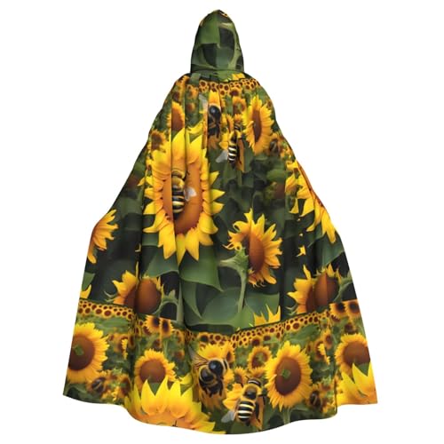 BKDODKS Vielseitiger Kapuzenumhang mit Sonnenblumen-Bienen-Druck, Halloween-Umhang, für Cosplay, Partys, Festivals, Kapuzenumhang von BKDODKS