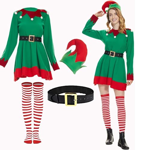 BKPAPTXY Elfenkostüm für Damen, Weihnachtsmannhelfer, Cosplay, Gürtel, Kleid, Weihnachten, Verkleidung, 3-teilig, Grün, Größe M von BKPAPTXY