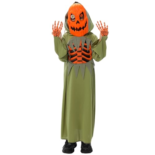 BKPAPTXY Halloween-Skelett-Kostüm für Kinder, mit Kürbis-Gesicht, gruseliger Totenkopf, Kapuzenponcho, Kostüm, Party, Verkleiden (Grün, Größe S) von BKPAPTXY