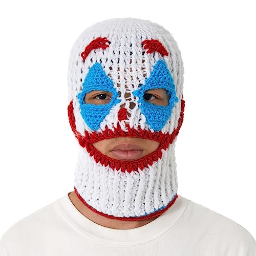 BKPAPTXY Lustige Clown-Vollgesichtsmaske, gruselige Clown-Strickmütze, perfekt für Cosplay, Party, Rave-Kopfbedeckung (Weiß, Rot, Blau, Einheitsgröße) von BKPAPTXY