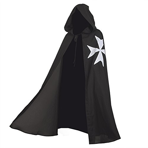 BLESSUME Ritter Kostüm Hospitaller LARP Cospaly, Schwarz Cloak mit Weißes Kreuz (Schwarz 2) von BLESSUME