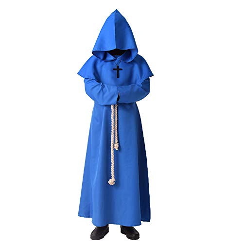 BLESSUME Mönchs Kostüm Retro Herren Kapuze Robe Lange Ärmel (Blau,M) von BLESSUME