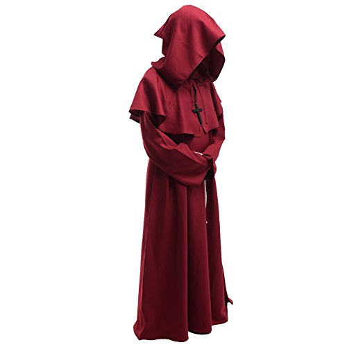 BLESSUME Priester Robe Mönch Mittelalterliche Kapuze Kapuzenmönch (M, Burgund Windmütze + Robe + Taille + Halskette) von BLESSUME