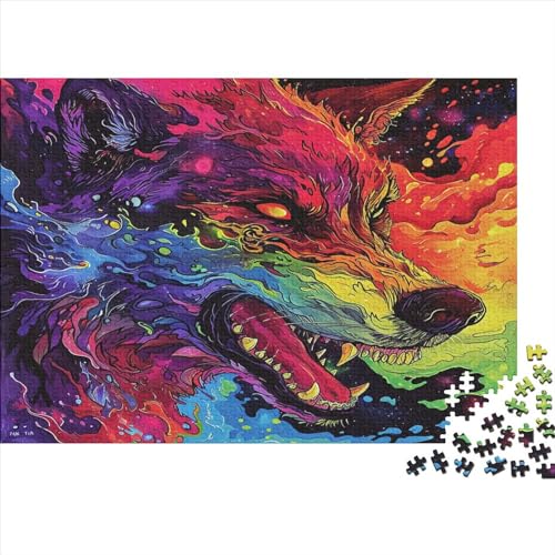 Bunter Wolf Holz Puzzles 500 Teile Rätsel, Erwachsenen Puzzle,herausforderndes Geschicklichkeitsspiel Für Die Ganze 500pcs (52x38cm) von BLISSCOZY