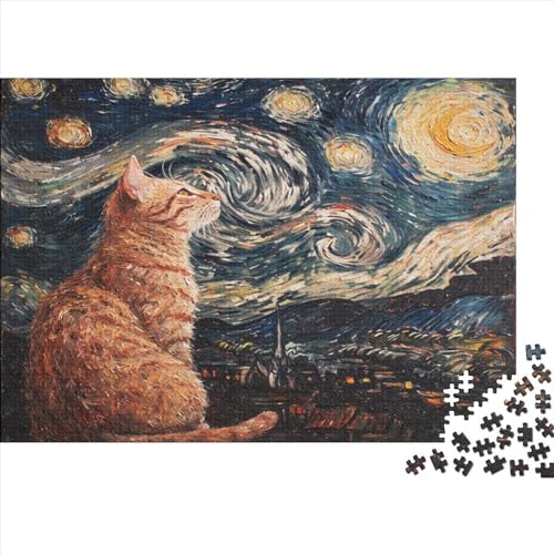 Katze In A Starry Night 300 Teile Puzzles, Panorama, Premium Quality, Für Erwachsene Holz Jahren Puzzle 300pcs (40x28cm) von BLISSCOZY