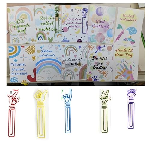 BLISSIQUEE Motivationskarten mit Lesezeichen Büroklammer Einschulung Geschenk 6-12 Jahre, 10 Achtsamkeitskarten Lesezeichen für Schulkind Schulanfang Positive Förderung Geschenk Mädchen Junge von BLISSIQUEE