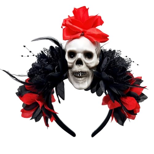 Punk-Totenkopf-Haarband mit dunkler Blume, Halloween, Party, Haarreif, Kopf-Accessoire, rutschfestes Design für Festivals von BLNGET