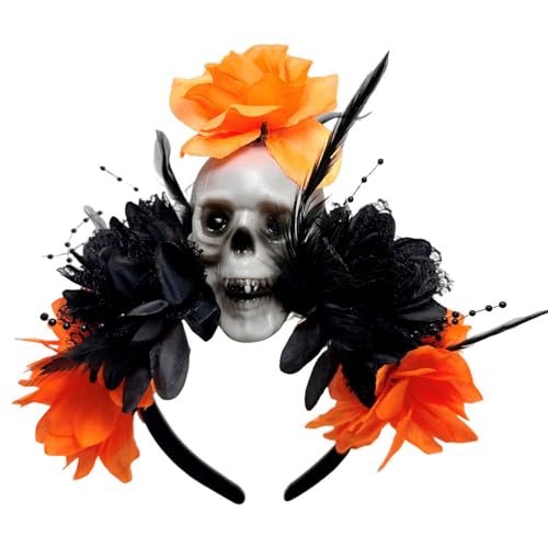 Punk-Totenkopf-Haarband mit dunkler Blume, Halloween, Party, Haarreif, Kopf-Accessoire, rutschfestes Design für Festivals Punk-Totenkopf-Haarband mit dunkler Blume, Halloween, Party, Haarreif, Kopf-Accessoire, rutschfestes Design für Festivals von BLNGET