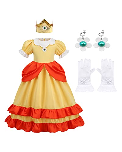BLOOMIRO Mädchen Prinzessin Kostüm Cosplay Halloween Party Outfit mit Zubehör (Gelb, 3T) von BLOOMIRO