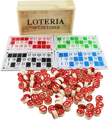 BLUECHOLON Bingo-Spiel Traditionelle Lotterie, 48 Karten, 90 2-seitige nummerierte Spielsteine, Holzbox zur Aufbewahrung. BLUECHOLON Bingo-Spiel Traditionelle Lotterie, 48 Karten, 90 2-seitige nummerierte Spielsteine, Holzbox zur Aufbewahrung. von BLUECHOLON