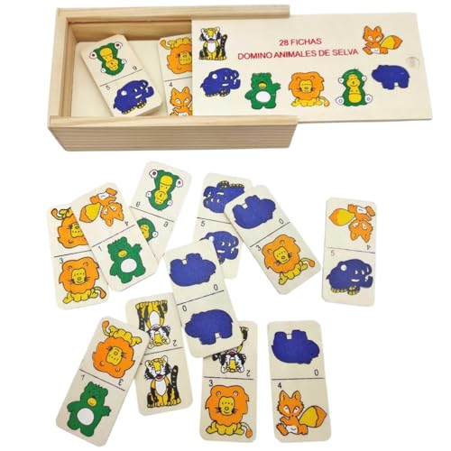 BLUECHOLON Kleines Domino aus Holz mit Tieren, 28 Spielsteine, Bauernhof- und Dschungelmotive, Lernspiel für Kinder (Dschungel) von BLUECHOLON