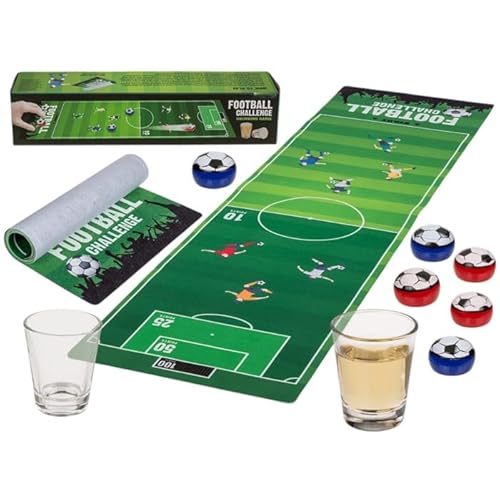 BLUECHOLON Trinkspiel Tischfußball, Curling, Geschicklichkeitsspiel Tequila, Drinking Game, Matte 120 x 30 cm, 6 Bälle, 2 Schnaps, Partyspiel von BLUECHOLON