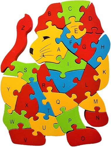 Puzzle, Lernpuzzle aus Holz, Tiere und Fahrzeuge, 25 x 20 cm, Zahlen und Buchstaben, Alphabet, mehrfarbig (Löwe) von BLUECHOLON
