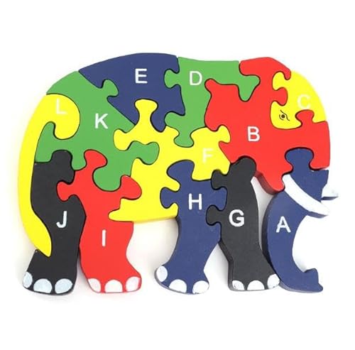 Puzzle, pädagogisches Puzzle, aus Holz, Tiere und Fahrzeuge, 25 x 20 cm, Zahlen und Buchstaben, Alphabet, mehrfarbig (Elefant) von BLUECHOLON