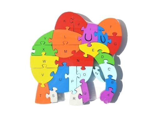 Puzzle, pädagogisches Puzzle, aus Holz, Tiere und Fahrzeuge, 25 x 20 cm, Zahlen und Buchstaben, Alphabet, mehrfarbig (Elefant) von BLUECHOLON