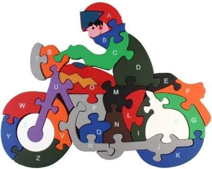 Puzzle, pädagogisches Puzzle, aus Holz, Tiere und Fahrzeuge, 25 x 20 cm, Zahlen und Buchstaben, Alphabet, mehrfarbig (Motorrad) von BLUECHOLON