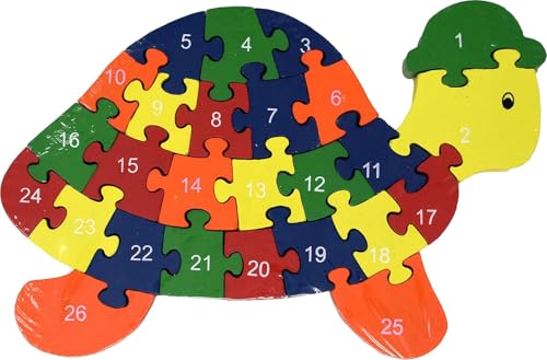 Puzzle, pädagogisches Puzzle, aus Holz, Tiere und Fahrzeuge, 25 x 20 cm, Zahlen und Buchstaben, Alphabet, mehrfarbig (Schildkröte) von BLUECHOLON