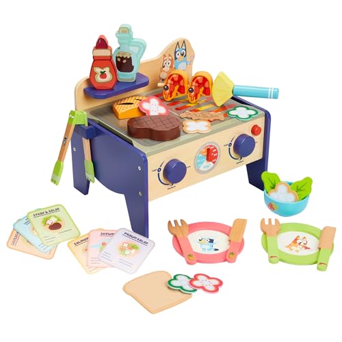 BLUEY Grill- und Salat-Set aus Holz, 33-teiliges buntes Spielset mit Zange und Lebensmittelstücken, realistisches Rollenspiel und fantasievoller Spaß ab 3 Jahren, Medium von BLUEY