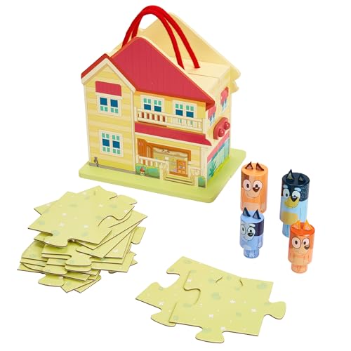 BLUEY Holz-Tragehaus – Spiel für drinnen und draußen, 22 Teile, inklusive 6 Figuren und 15-teiliger Puzzlematte – tragbares Aktivitätsset für Kinder ab 3 Jahren – 23 cm hoch & FSC-zertifiziert von BLUEY
