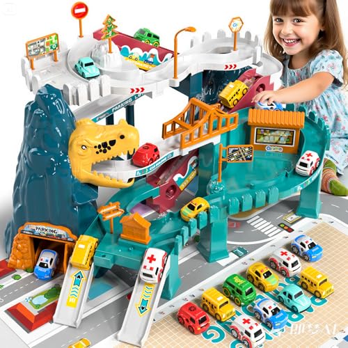 BLmukce Dinosaurier Rennbahn Auto Spielzeug für 3-7+ Jahre Alt, Flexibles Track-Spielset, Geburtstagsparty-Geschenk mit 10 Stück Dinosaurier-Auto von BLmukce