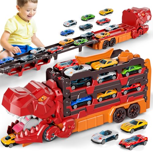 BLmukce Dinosaurier Transporter LKW für Kinder 2 3 4 5 6 Jahre - Transformierbar in Dino mit 12 Die-Cast Rennwagen, Tragbares Spielzeug Auto Set mit Aufbewahrung für Jungen & Mädchen BLmukce Dinosaurier Transporter LKW für Kinder 2 3 4 5 6 Jahre - Transformierbar in Dino mit 12 Die-Cast Rennwagen, Tragbares Spielzeug Auto Set mit Aufbewahrung für Jungen & Mädchen von BLmukce