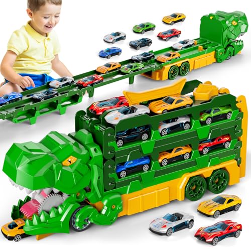 BLmukce Dinosaurier Transporter LKW für Kinder 2 3 4 5 6 Jahre - Transformierbar in Dino mit 12 Die-Cast Rennwagen, Tragbares Spielzeug Auto Set mit Aufbewahrung für Jungen & Mädchen BLmukce Dinosaurier Transporter LKW für Kinder 2 3 4 5 6 Jahre - Transformierbar in Dino mit 12 Die-Cast Rennwagen, Tragbares Spielzeug Auto Set mit Aufbewahrung für Jungen & Mädchen von BLmukce