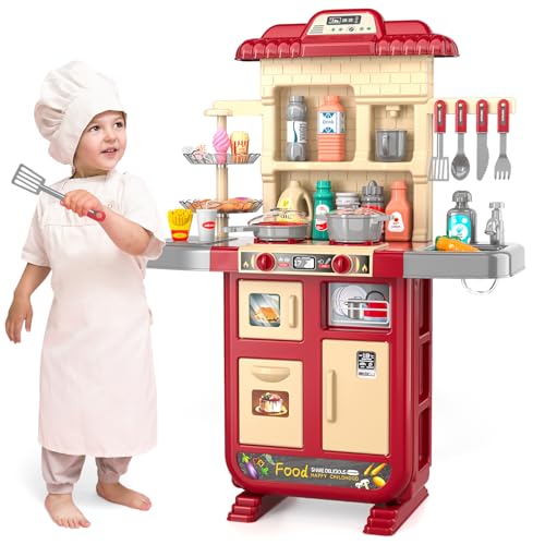 BLmukce Kinderküchenspielzeug und Spielnahrungsmittel-Set, Pretend Cooking Kit mit Kochgeschirr, Utensilien, Obst und Gemüse, Lebensmittel-Rollenspiel-Set für Kleinkinder und Kinder (Rot) von BLmukce