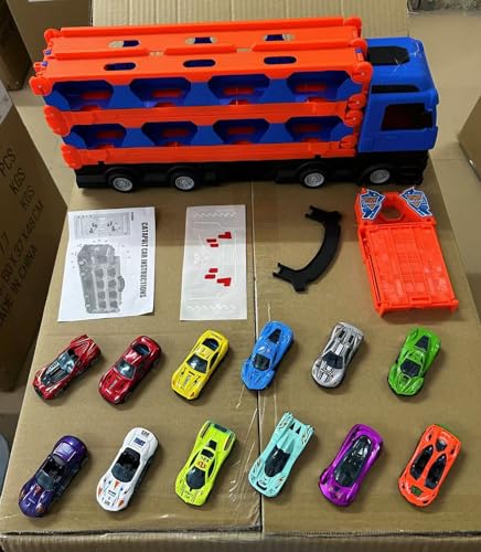 BLmukce Transport Truck Spielzeugautos für Jungen im Alter von 3, 4, 5, 6 Jahren, tragbares Rennbahn Truck Spielzeugauto mit 6 Rennautos, Transporter Fahrzeug Spielzeug Set für Kinder von BLmukce