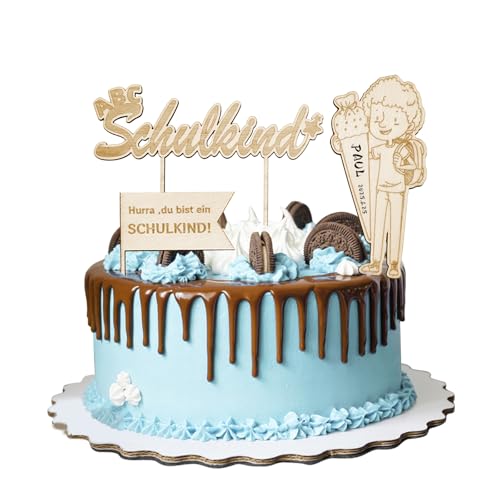 BMGRKYQX 3 Stück Tortendeko Einschulung Holz Schulkind 2025 Junge Schulkind deko Junge Kuchen deko Einschulung Cake Topper 1. Schultag Tortenstecker von BMGRKYQX