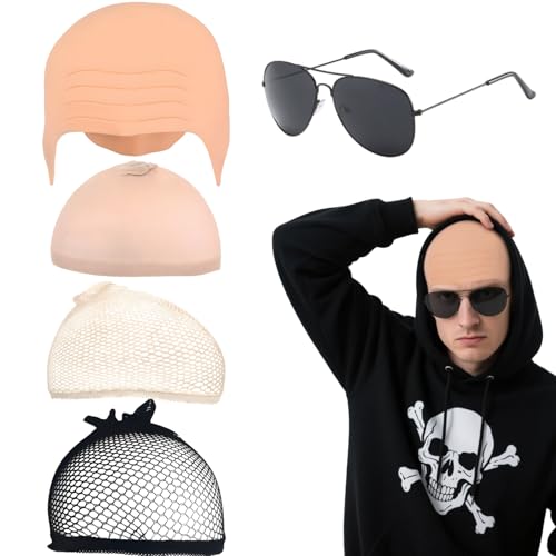 5-teiliges BMYUK Glatzen-Kappen-Set für Erwachsene, Kostüm-Perückenkappe und Hautton, Haarnetz für Halloween, Party, Bühnenspiele, Club-Aktivitäten, Cosplay von BMYUK
