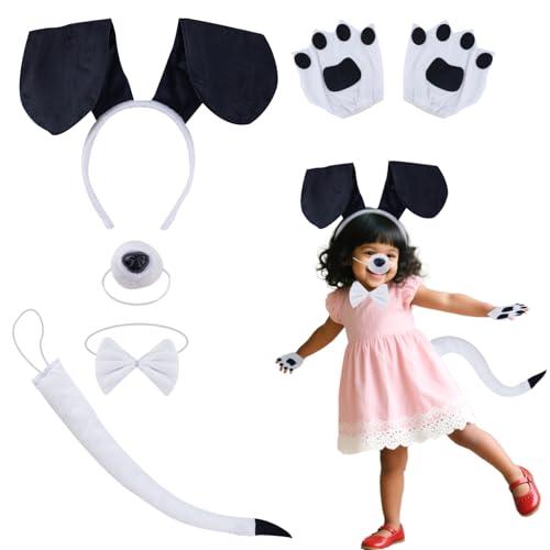 BMYUK 5-teiliges Welpenkostüm-Set, Hundeohren, Stirnband, Handschuhe, Fliege, Nasenschwanz, Verkleidung für Kinder, Jungen und Mädchen, Halloween, Cosplay, Party, Schwarz und Weiß von BMYUK