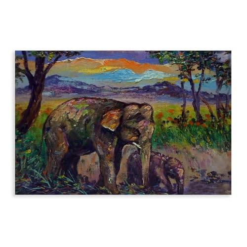 BNCEDJK Leinwandposter mit Baby-Elefant und Mutter, Elefant im Wald, Schlafzimmerdekoration, Landschaftsdekoration, Geschenk, 50 x 75 cm von BNCEDJK