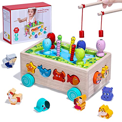 BNEHHOV Montessori Spielzeug ab 3 Jahre Lernspielzeug Motorikspielzeug Magnetisches Angelspiel Holzspielzeug 6-in-1 Multifunktion Tiere Sortier Stapelspielzeug Spielzeug für Kleinkinder Baby von BNEHHOV