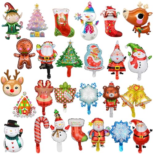 26 Stück Weihnachts-Folienballons, Weihnachtsfeier, Ballon-Dekorationen, Weihnachtsmann, Schneemann, Baumglocke, Zuckerstange, Geschenk, Elch, Rentier, Socke, Lebkuchen von BNOYONERAS