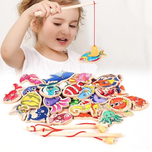 Angeln Spielzeug, 51 Stück Magnetisches Angelspiel mit 3 Angelruten, Holzspielzeug, Badewannenspielzeug, Wasserspielzeug, Lernspielzeug Geschenk für Kinder von 3 bis 6 Jahren von BNOYONERAS