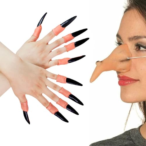 Hexennase Halloween, Böse Hexennase, Lustige Künstliche Nase, Realistische Falsche Nase, Halloween Hexen Nase mit 10 Hexen Nägel, Nagelabdeckungen für Halloween Fasching Karneval Hexe Kostüm Zubehör Hexennase Halloween, Böse Hexennase, Lustige Künstliche Nase, Realistische Falsche Nase, Halloween Hexen Nase mit 10 Hexen Nägel, Nagelabdeckungen für Halloween Fasching Karneval Hexe Kostüm Zubehör von BNOYONERAS
