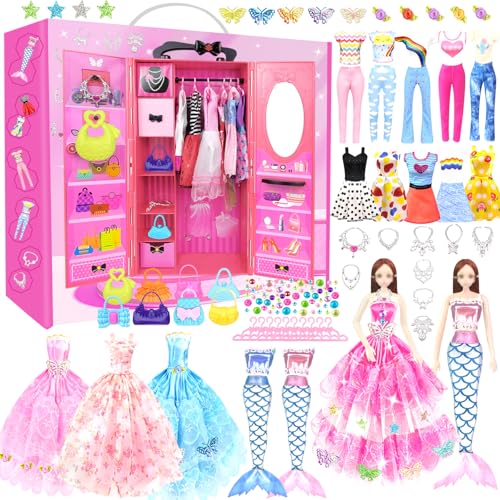Kleidung Schmuck Zubehör für 11,5 Zoll Puppen mit Kleiderschrank Puppenschrank Set mit Kleider Taschen Schuhregal Geschenk Spielzeug für ab 4 5 6 7 8 9 10 Mädchen Jahre (einschließen Puppe) von BNUZEIYI