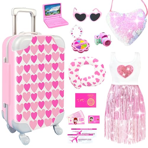 Puppenzubehör für Mädchen, 45,7 cm, Gepäck, Reise-Spielset mit Kleidung, Tasche, Reisekissen, Brille, Computer, Make-up-Spielzeug, Sachen für 45,7 cm große Puppe, Weihnachts- und Geburtstagsgeschenk von BNUZEIYI