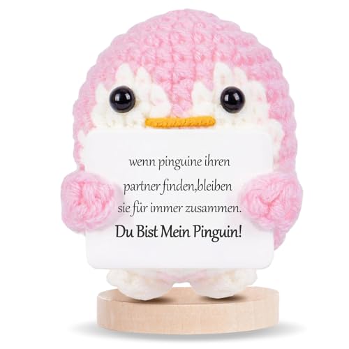 BOAITE Geschenk zum Valentinstag für Ihn Sie, Ich Liebe Dich Geschenke für Frauen, Geschenk für Paar- Strickwolle Pinguin Puppe mit Große Emotionskarten, Jahrestag Geschenk für Sie (Rosa) von BOAITE