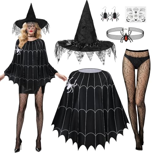 BOARDFEB 6 Stück schwarzes Spinnennetz-Kostüm-Zubehör, Spinnennetz-Poncho, Spinnennetz-Strümpfe, Halskette, Ohrringe, Hexenhut, Halloween-Kostüm für Damen von BOARDFEB