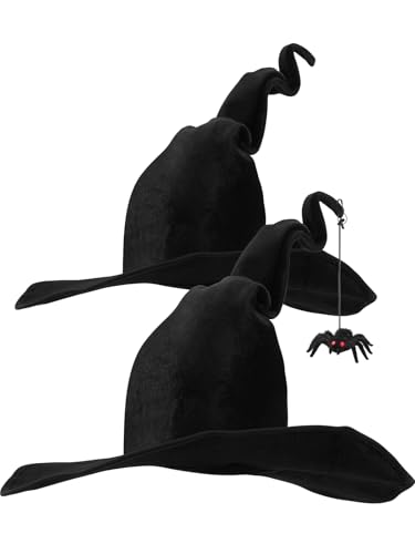 BOARDFEB Halloween-Hexenhut, böse Hexenhüte, schwarzer Hexenhut, Samt mit abnehmbarer Spinne, faltbar, spitz, für Damen, Kostümzubehör, 2 Stück von BOARDFEB