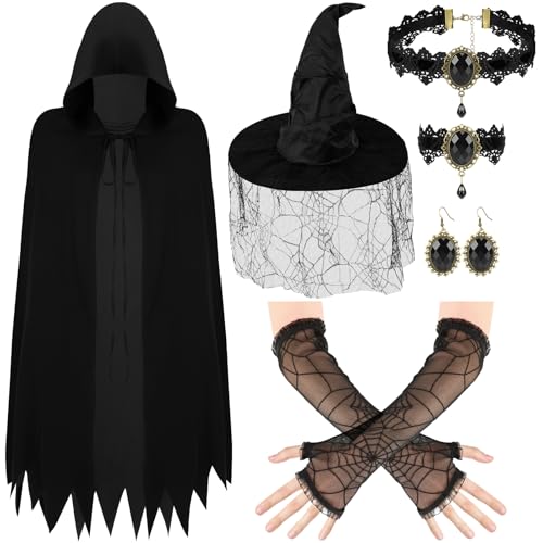 BOARDFEB Halloween-Hexenkostüm, schwarzes Hexenzubehör-Set mit Hut, schwarzer Kapuzenumhang, Spinne, Spitzenhandschuhe, rot-schwarzer Anhänger, Choker-Armbänder, Ohrringe für Damen, 6-teilig von BOARDFEB