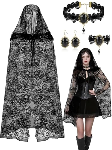 BOARDFEB Halloween-Hexenkostüme, schwarzer Kapuzenumhang für Damen, Gothic-Choker, Halskette, Spitze, Armbänder, Ohrringe, Gothic, kurz, durchsichtig, Vampirumhang für Halloween, Cosplay-Kostüm BOARDFEB Halloween-Hexenkostüme, schwarzer Kapuzenumhang für Damen, Gothic-Choker, Halskette, Spitze, Armbänder, Ohrringe, Gothic, kurz, durchsichtig, Vampirumhang für Halloween, Cosplay-Kostüm von BOARDFEB