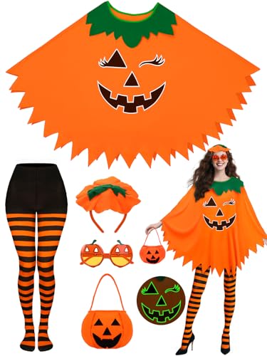 BOARDFEB Halloween-Kürbis-Kostüm, leuchtet im Dunkeln, Halloween-Kostüm für Erwachsene, mit Kürbis, Poncho, Stirnband, Brille, Süßigkeitentasche, Nylon-gestreifte Strumpfhose, 5 Stück BOARDFEB Halloween-Kürbis-Kostüm, leuchtet im Dunkeln, Halloween-Kostüm für Erwachsene, mit Kürbis, Poncho, Stirnband, Brille, Süßigkeitentasche, Nylon-gestreifte Strumpfhose, 5 Stück von BOARDFEB