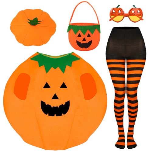 BOARDFEB Kürbis-Kostüm für Erwachsene, Halloween, Unisex, Kürbis, Cosplay, Party, Süßigkeiten, Tasche, lustiger Hut, gestreifte Strumpfhose, niedliche Brille für Damen, Halloween, Party, Cosplay BOARDFEB Kürbis-Kostüm für Erwachsene, Halloween, Unisex, Kürbis, Cosplay, Party, Süßigkeiten, Tasche, lustiger Hut, gestreifte Strumpfhose, niedliche Brille für Damen, Halloween, Party, Cosplay von BOARDFEB