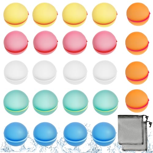 24 Stück Wasserbomben Wiederverwendbar Silikon Wasserballons Selbstschließend magnetische Spritzbälle mit Mesh Bag für Wasserschlachten Pool Strand Familienaktivitäten (24 Stück) von BOBASH