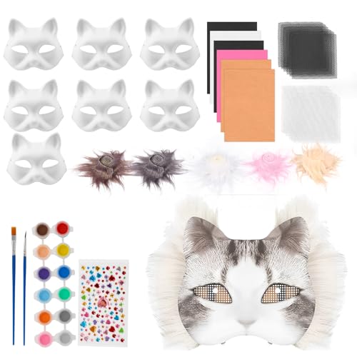 BOBASH 8 Stück Katzenmasken zum Bemalen DIY Papier Maske Therian Mask mit Kuns Fell Tiermasken Unbemalt Masken für Halloween Karneval Maskerade Cosplay von BOBASH
