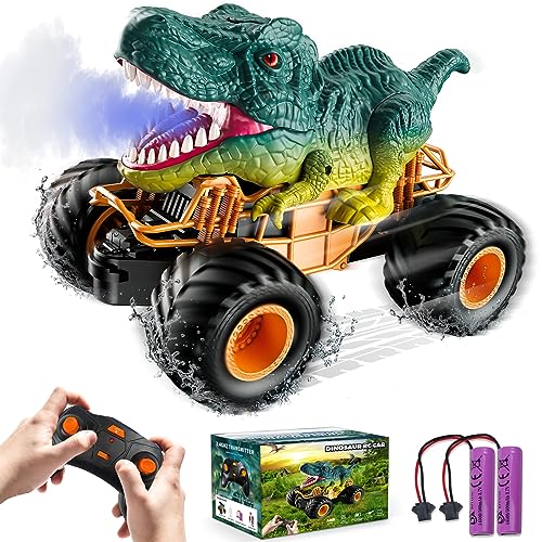 BOBOTATA Ferngesteuertes Auto Kinder Monster Dinosaurier Truck Spielzeug ab 3 4 5 6 7 8+ Jahre, 2.4 GHz mit Licht, Klang, Sprühen, All Terrain RC Cars Spielzeug Geschenke für Jungen Mädchen von BOBOTATA